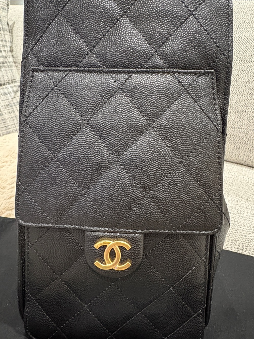 Black Quilted Medium 25 Leather Drawstring Tote with Gold CC Chain - Picture 4 of 10